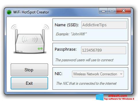 Petikan skrin Wi-Fi HotSpot Creator untuk Windows 8