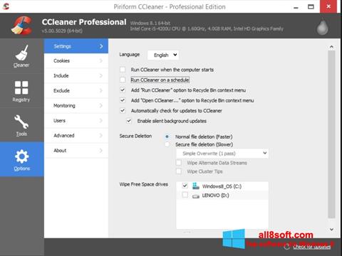 Petikan skrin CCleaner untuk Windows 8