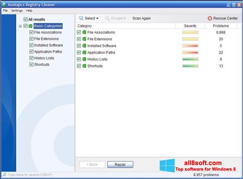 Petikan skrin Auslogics Registry Cleaner untuk Windows 8