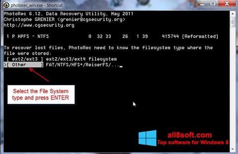 Petikan skrin PhotoRec untuk Windows 8